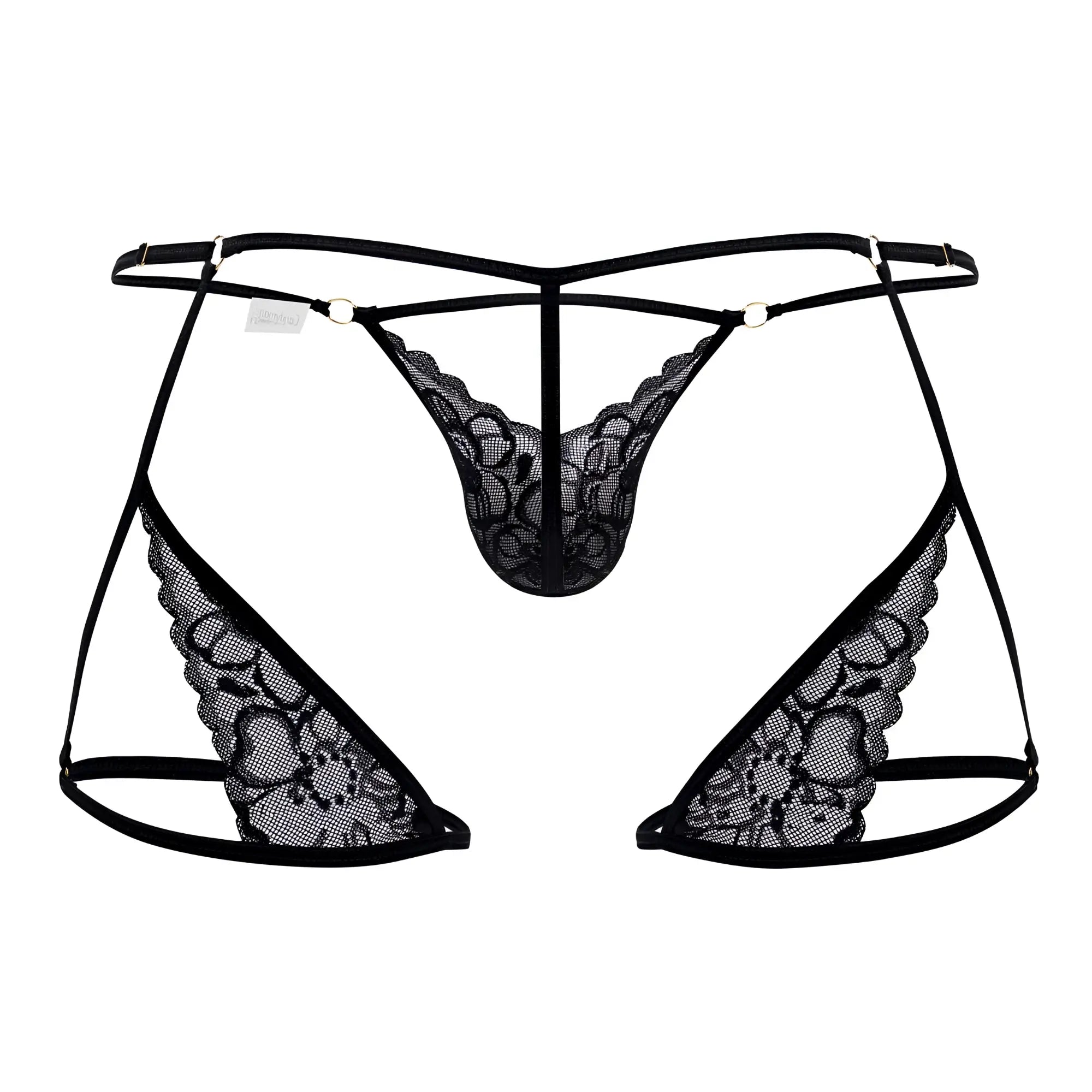 Black lace thong CandyMan 99678 with intricate floral patterns and thin adjustable straps in black color