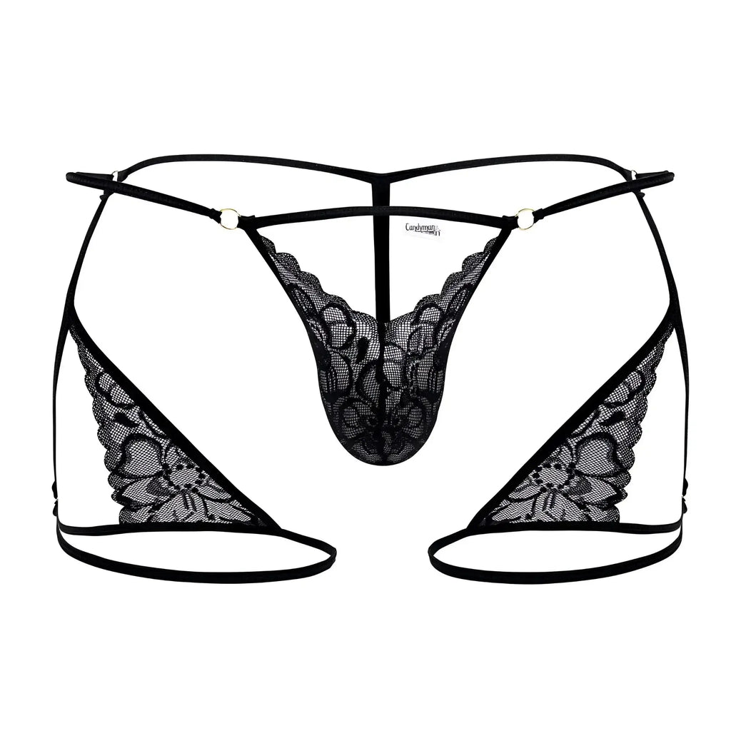 Black lace CandyMan 99678 garter thong with intricate floral patterns and thin elastic straps in black color