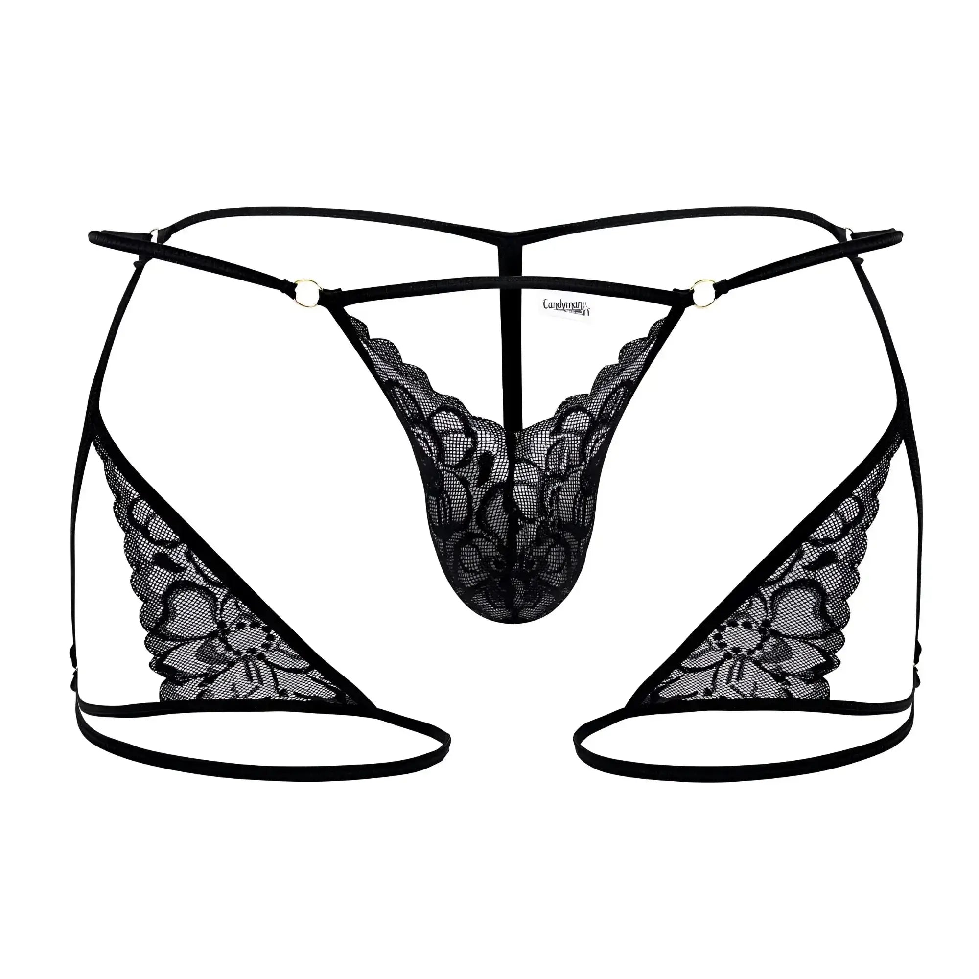 Black lace CandyMan 99678 garter thong with intricate floral patterns and thin elastic straps in black color