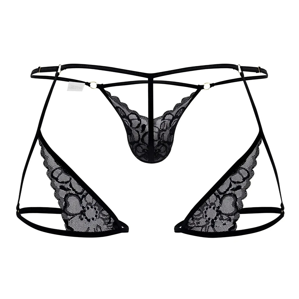 Black lace thong CandyMan 99678 with intricate floral patterns and thin adjustable straps in black color