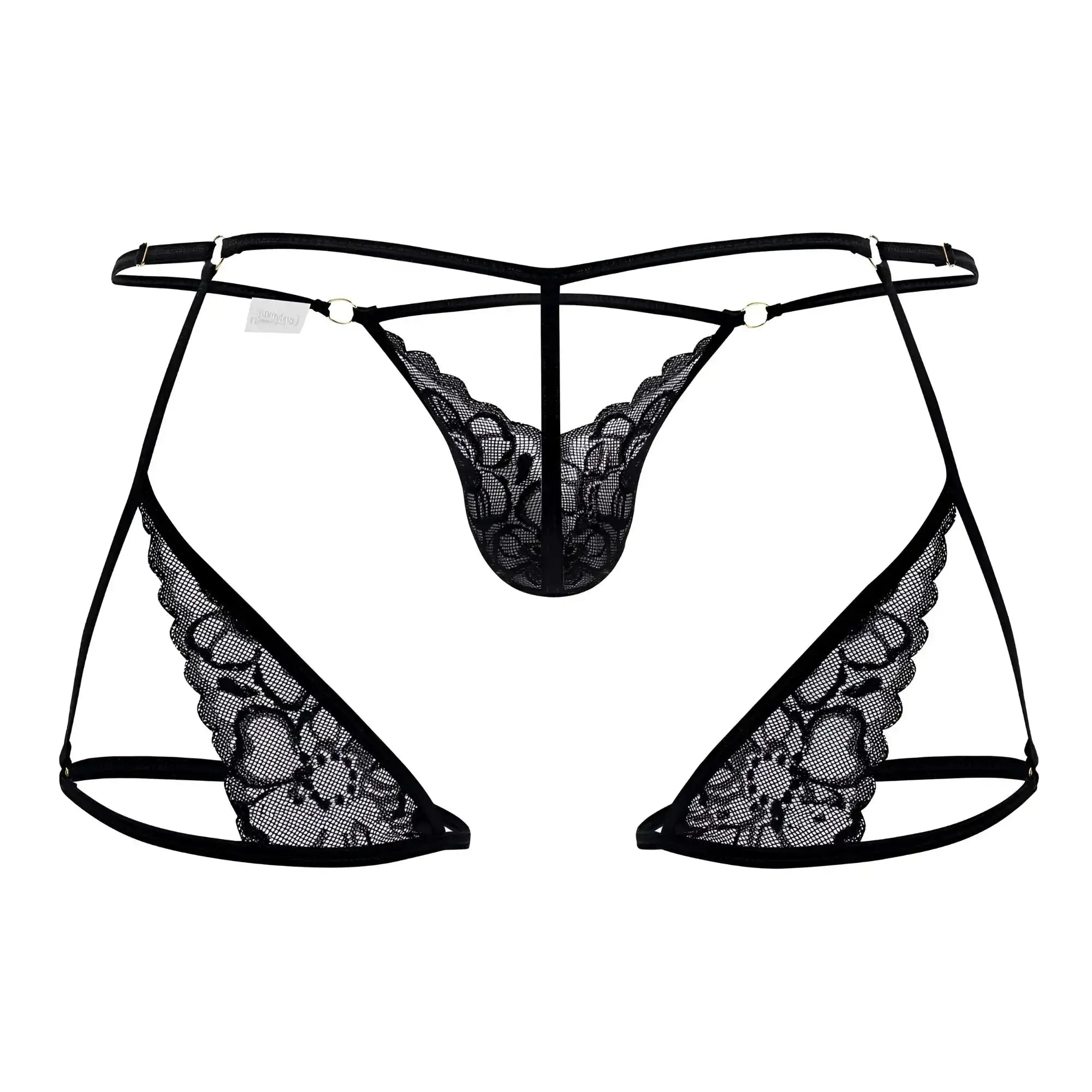 Black lace thong CandyMan 99678 with intricate floral patterns and thin adjustable straps in black color