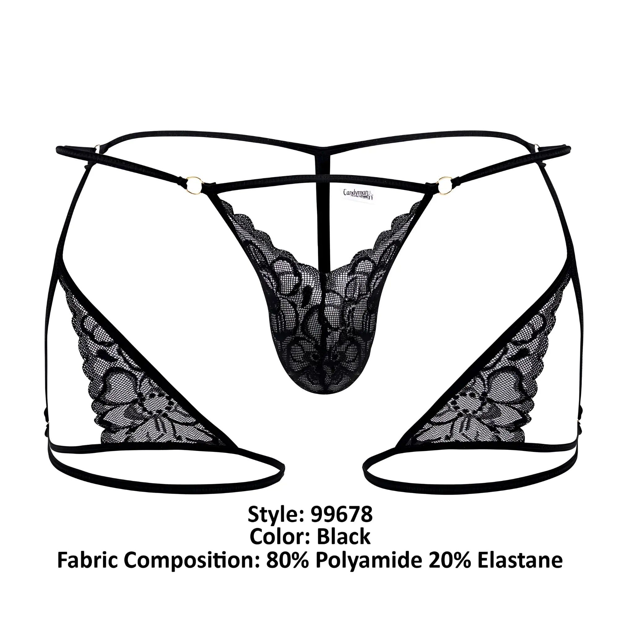 CandyMan 99678 black lace thong with intricate floral patterns and thin elastic straps, front view