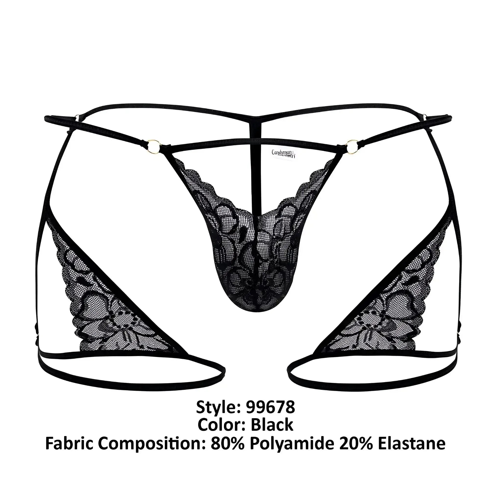 CandyMan 99678 black lace thong with intricate floral patterns and thin elastic straps, front view