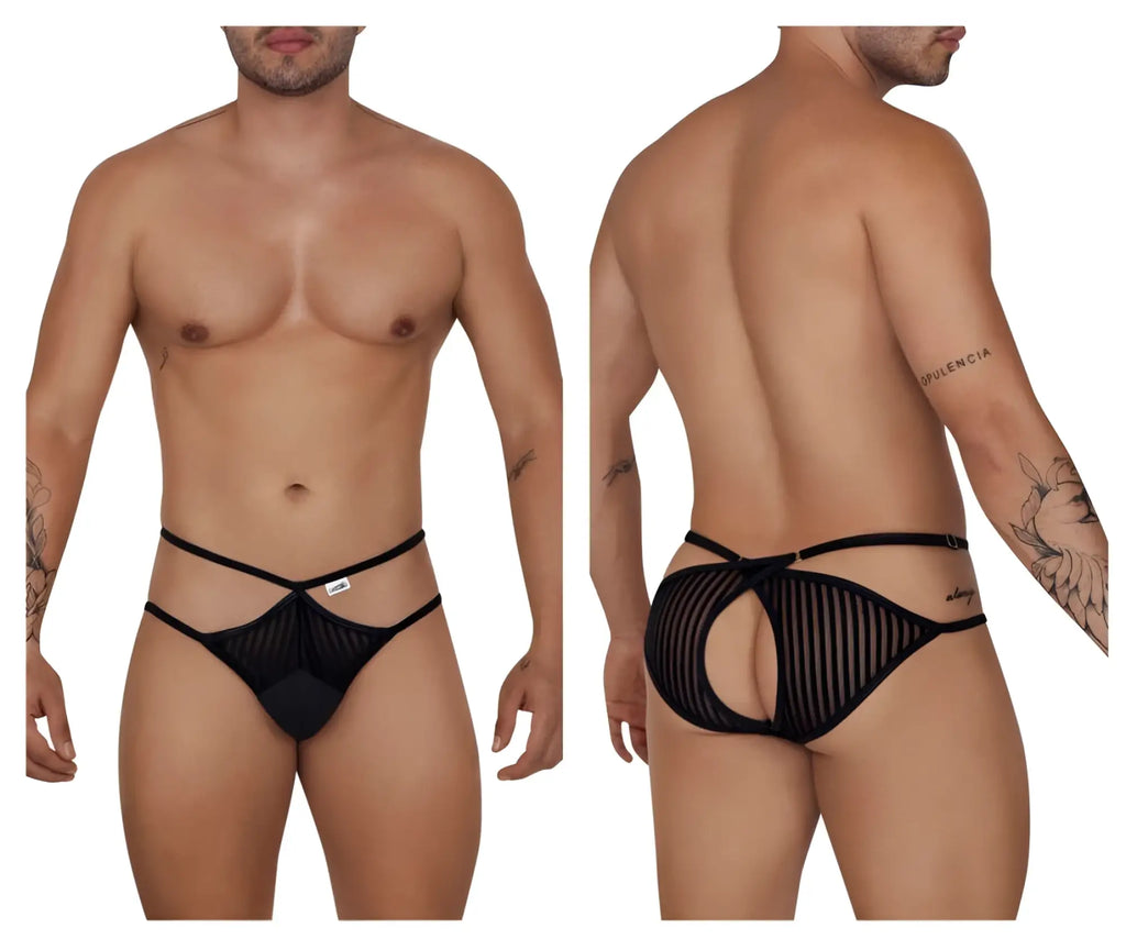 Black candyman 99681 mesh briefs featuring a crisscross design and back cutouts shown from the back side