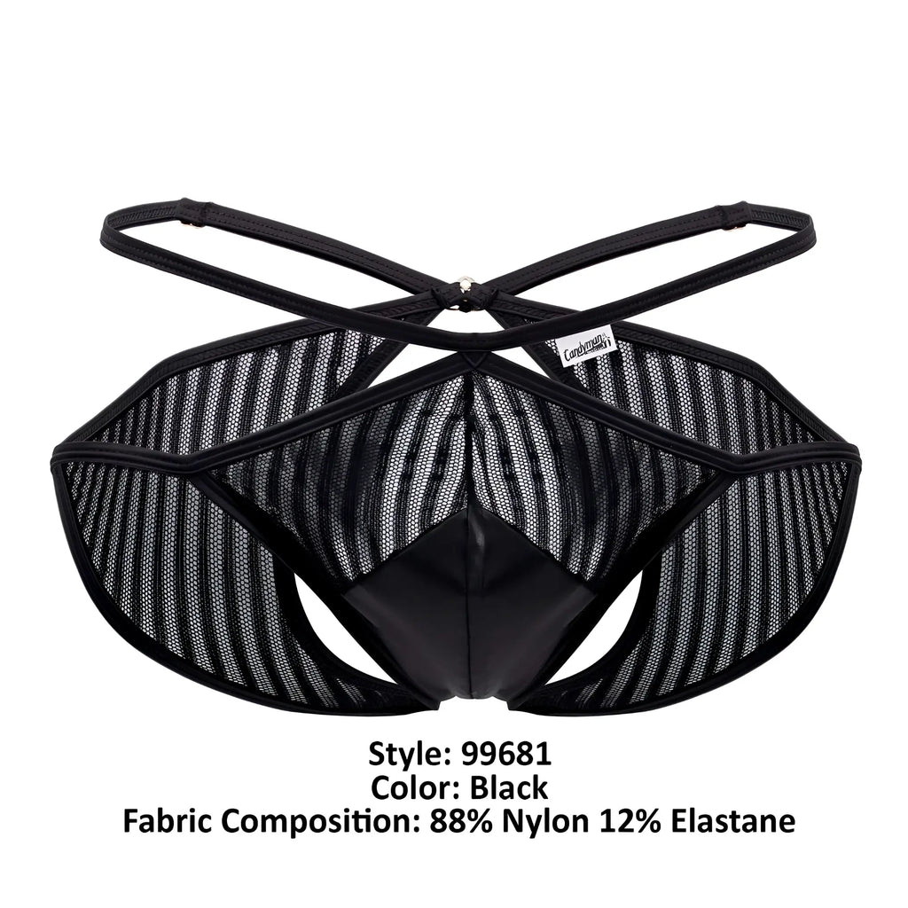 Candyman 99681 black mesh briefs with glossy front panel and crisscross back straps shown from the back side