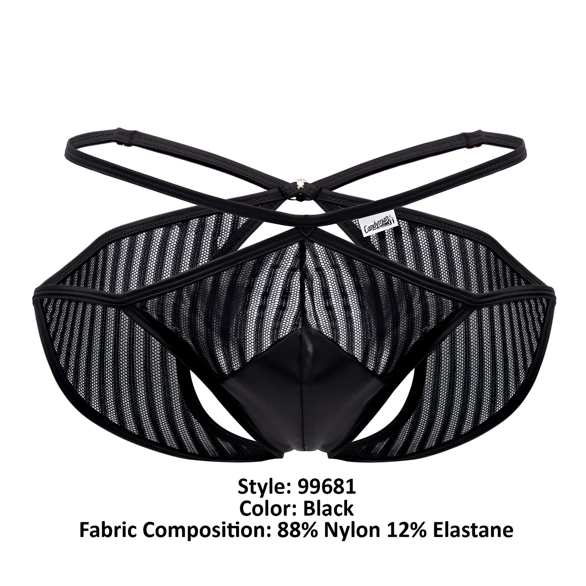 Candyman 99681 black mesh briefs with glossy front panel and crisscross back straps shown from the back side