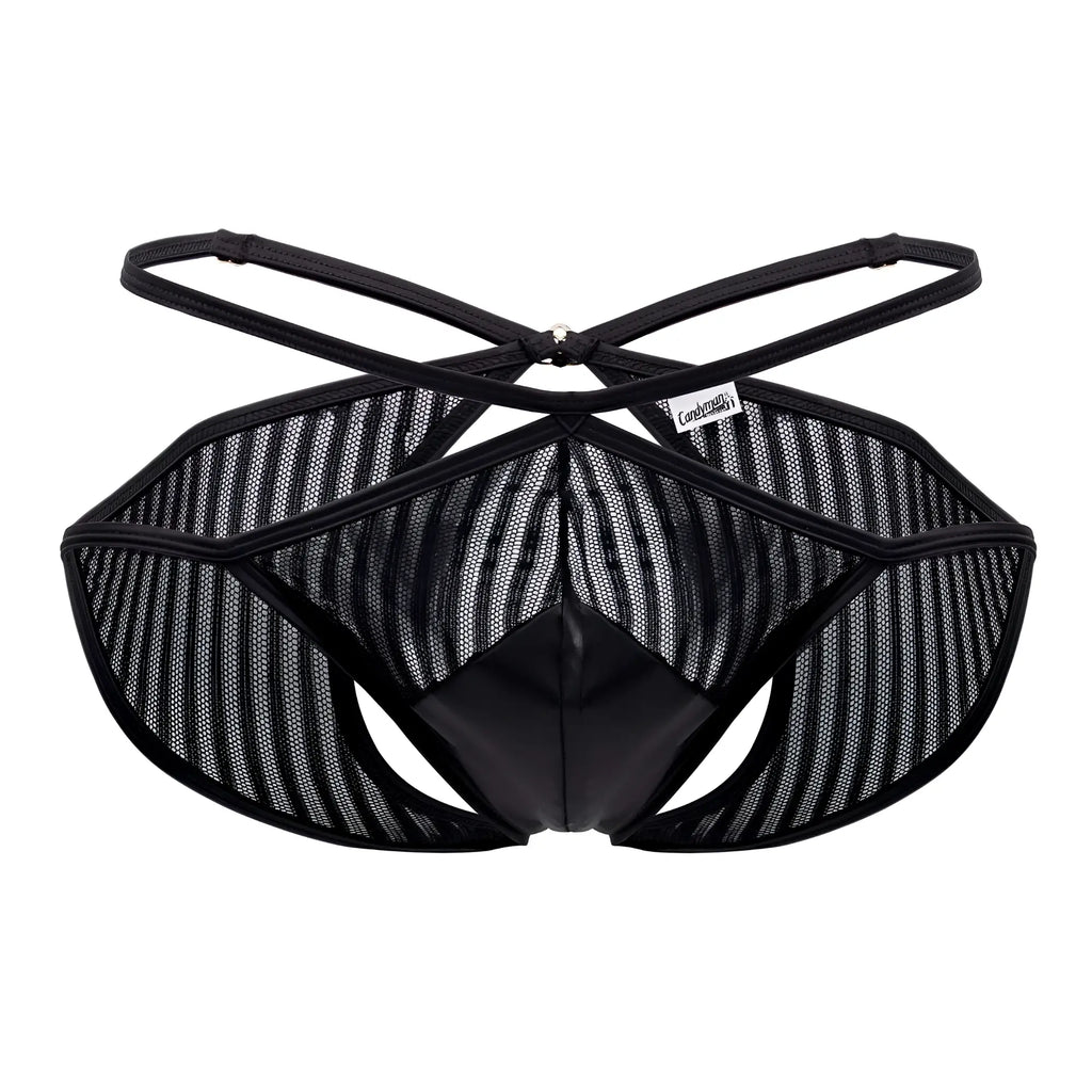 CandyMan 99681 black mesh briefs with glossy front panel and crisscross back straps shown from the back side