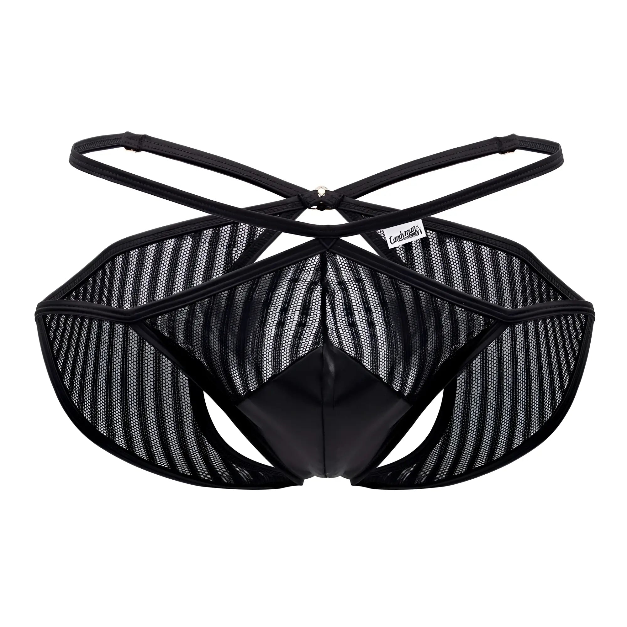 CandyMan 99681 black mesh briefs with glossy front panel and crisscross back straps shown from the back side