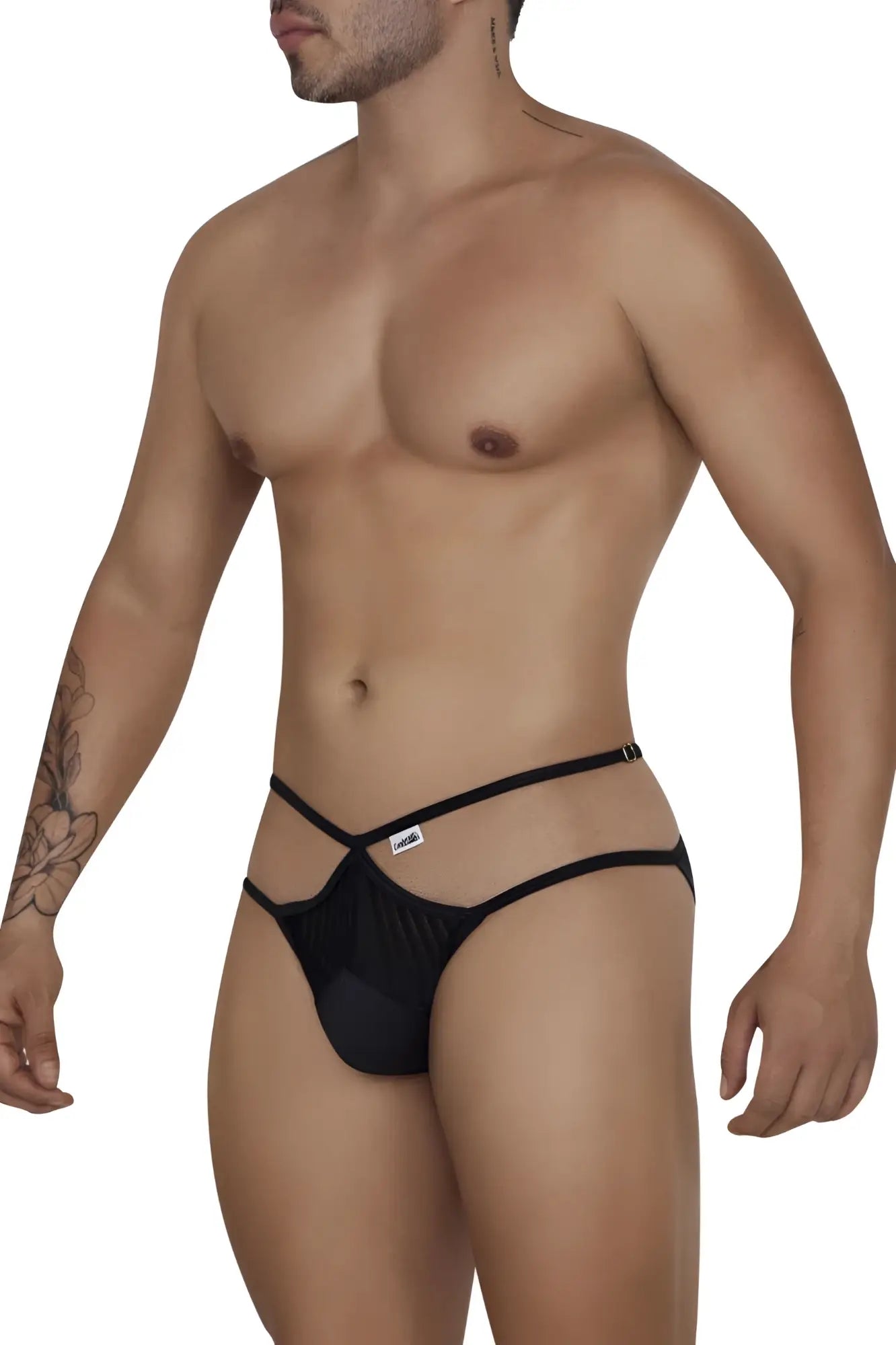 Black mesh thong briefs with thin adjustable straps and a small brand tag from Candyman 99681 collection
