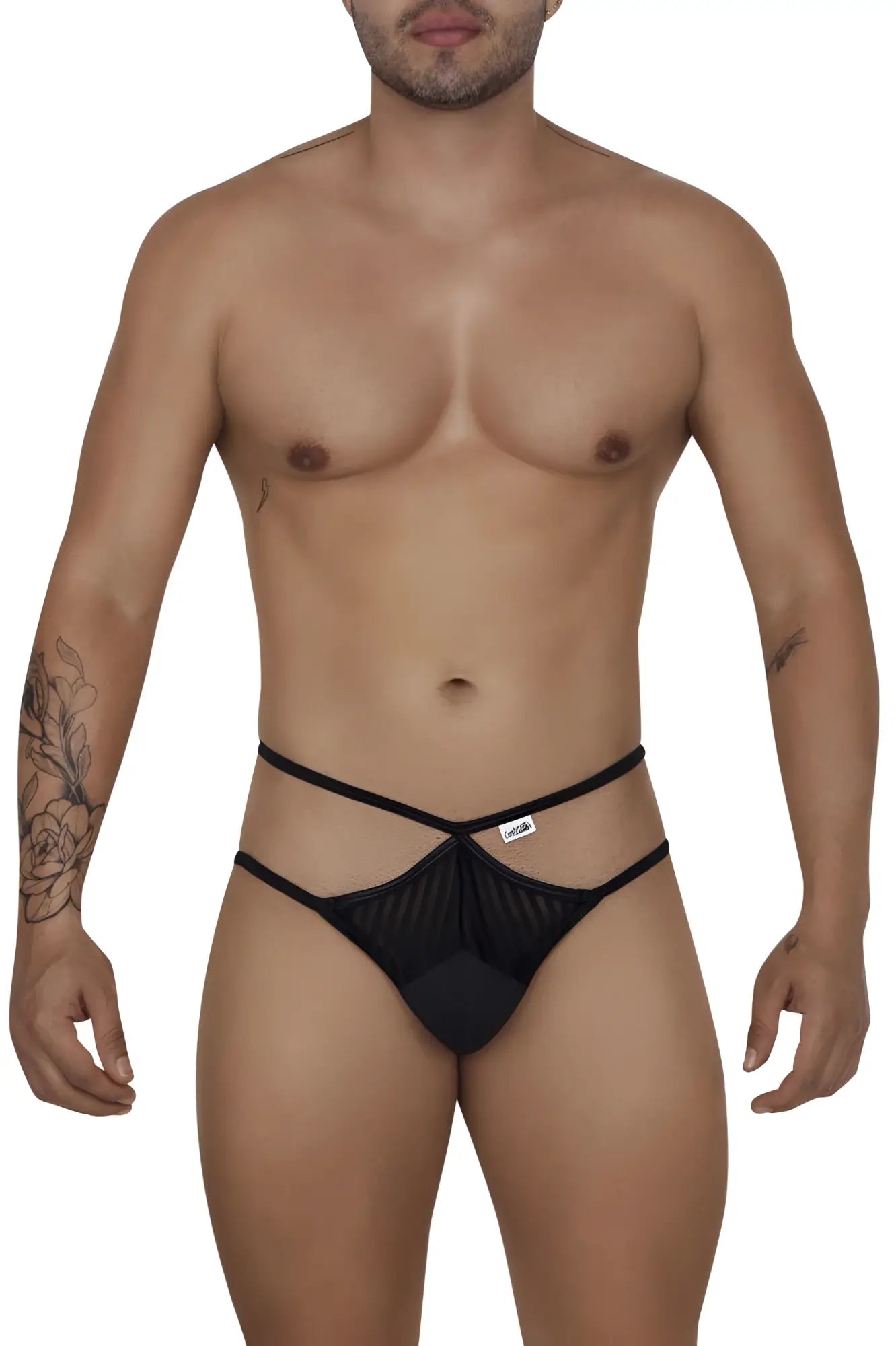 Black mesh thong briefs by Candyman 99681 with crisscross design and elastic straps in black color