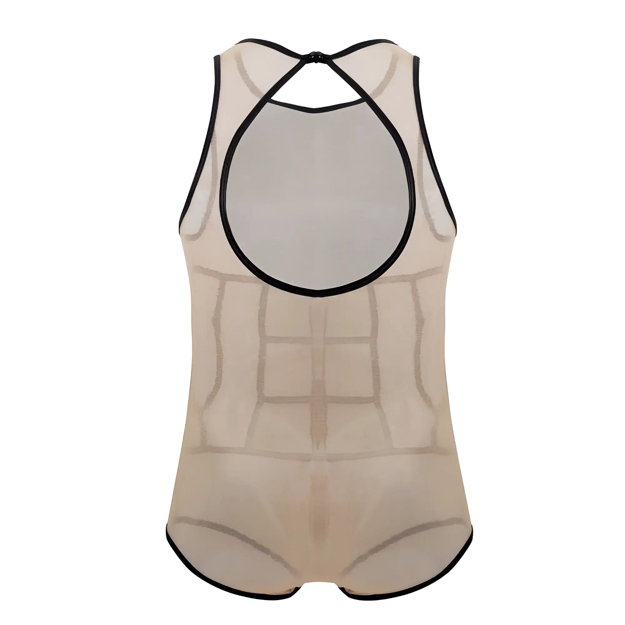Beige mesh one-piece candyMan 99683X tulle bodysuit with black trim and back cutout design shown from back side