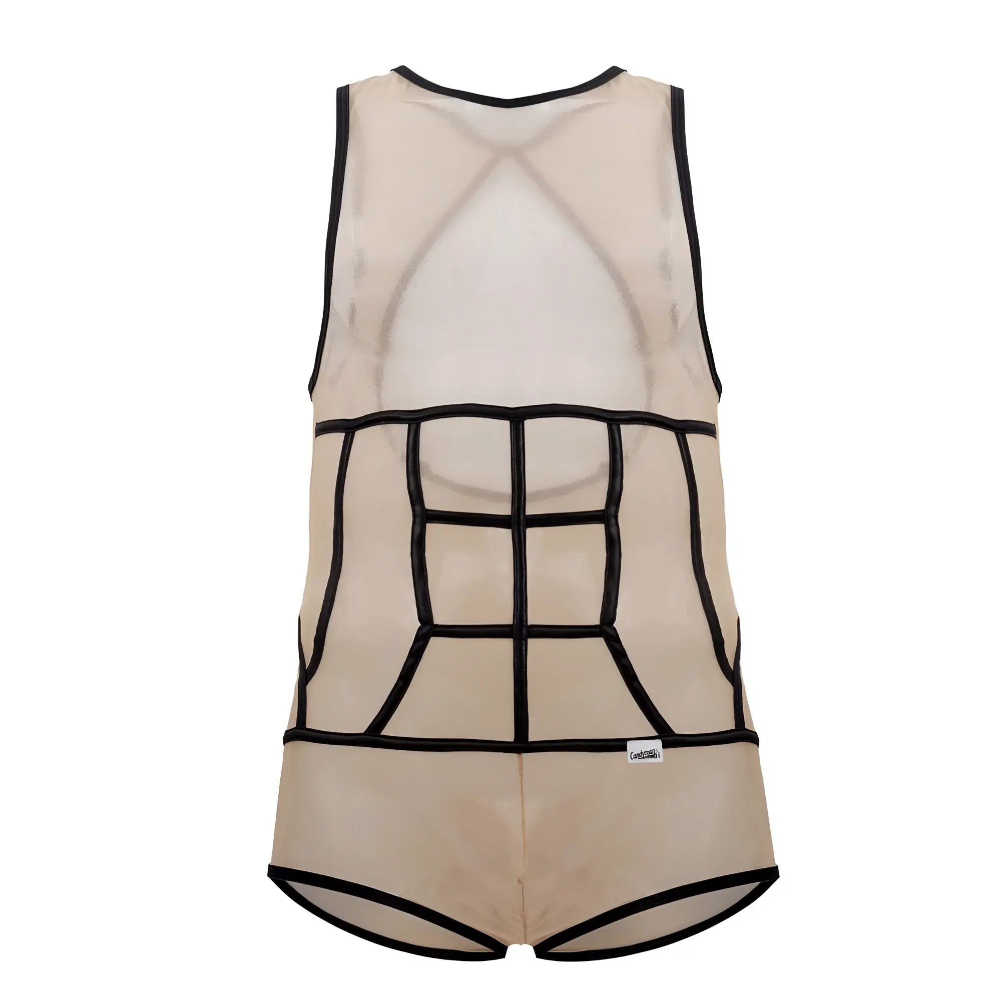 Beige CandyMan 99683X tulle bodysuit with black outlined abdominal muscle design and mesh tank top style