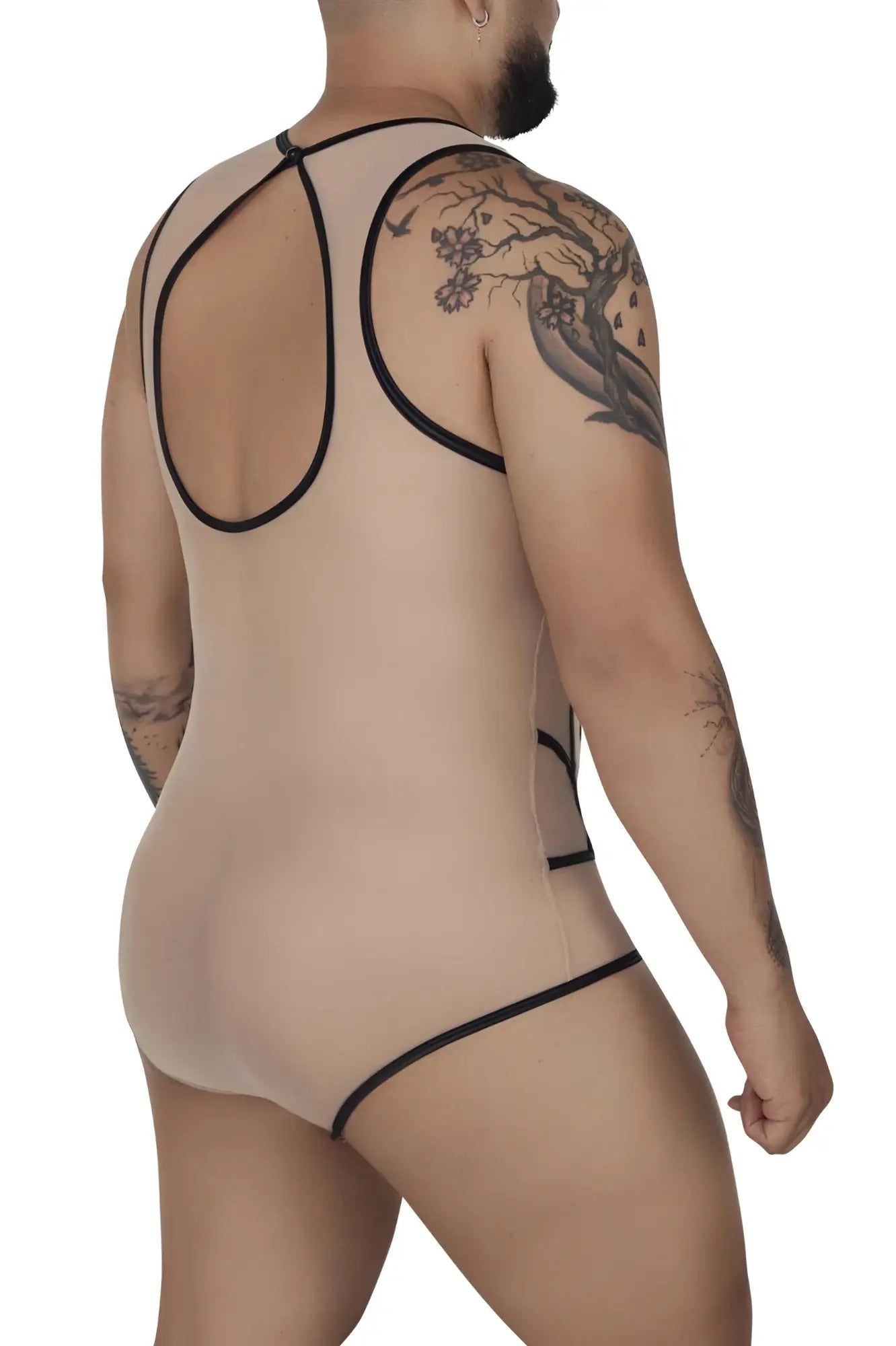 Beige sheer tulle bodysuit candyMan 99683X with black elastic trim and racerback design shown from the back
