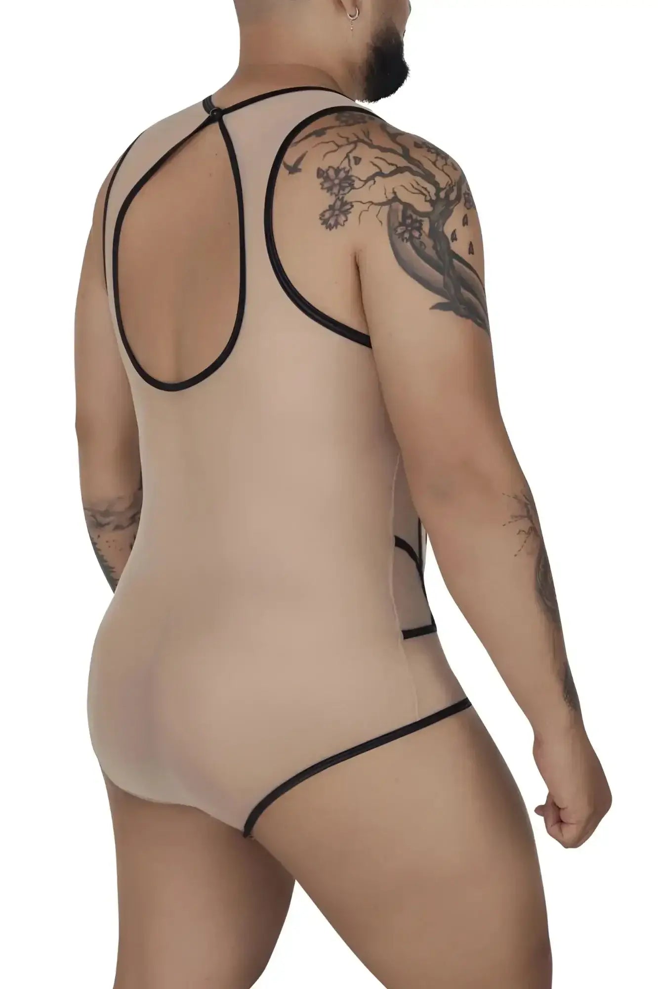 Beige sheer tulle bodysuit candyMan 99683X with black elastic trim and racerback design shown from the back