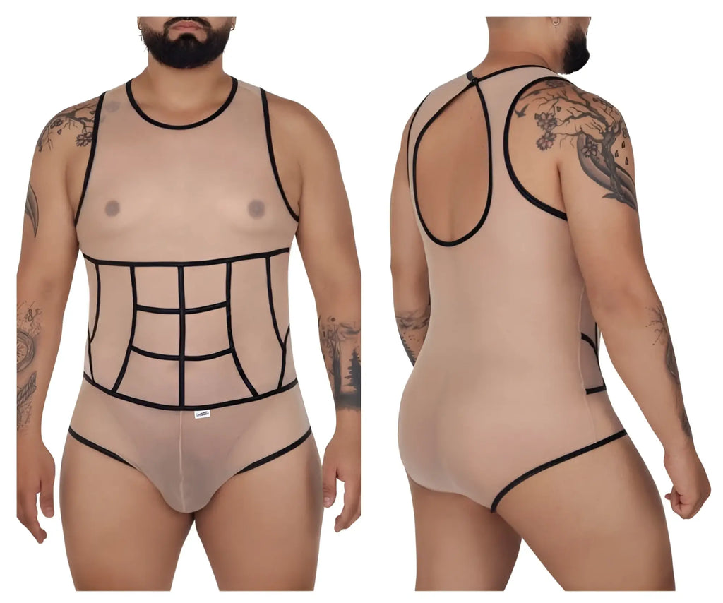 Beige sheer mesh tulle bodysuit with black outlined paneling and racerback design candyMan 99683X