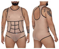 Beige sheer mesh tulle bodysuit with black outlined paneling and racerback design candyMan 99683X