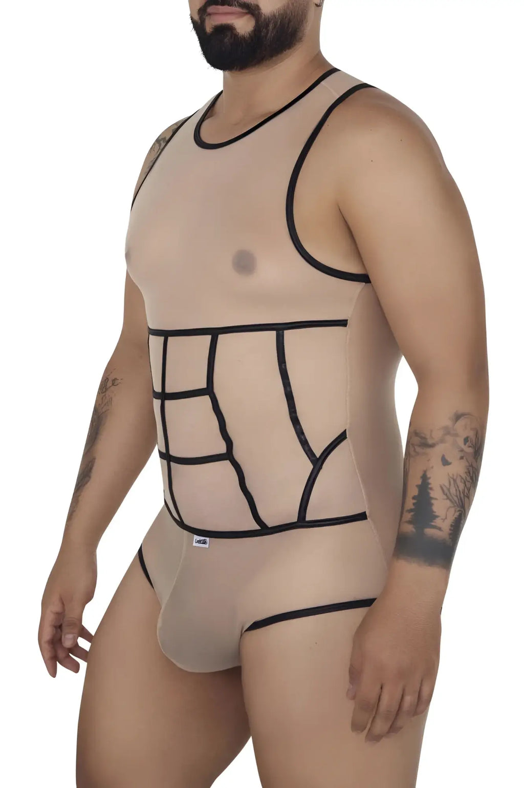 Beigecandyman 99683x tulle bodysuit in beige sheer mesh with black outlined grid pattern front view