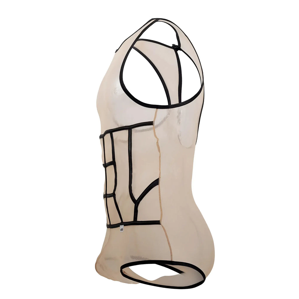 Transparent beige tulle bodysuit with black structural straps and sleek form-fitting design by candyman 99683x