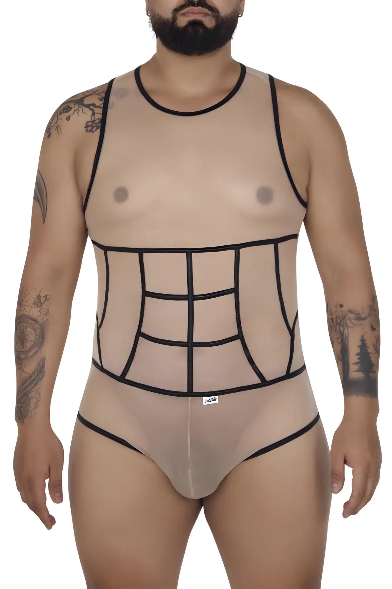 Transparent beige mesh bodysuit with black outlined paneling and trim candyMan 99683X tulle bodysuit color beige