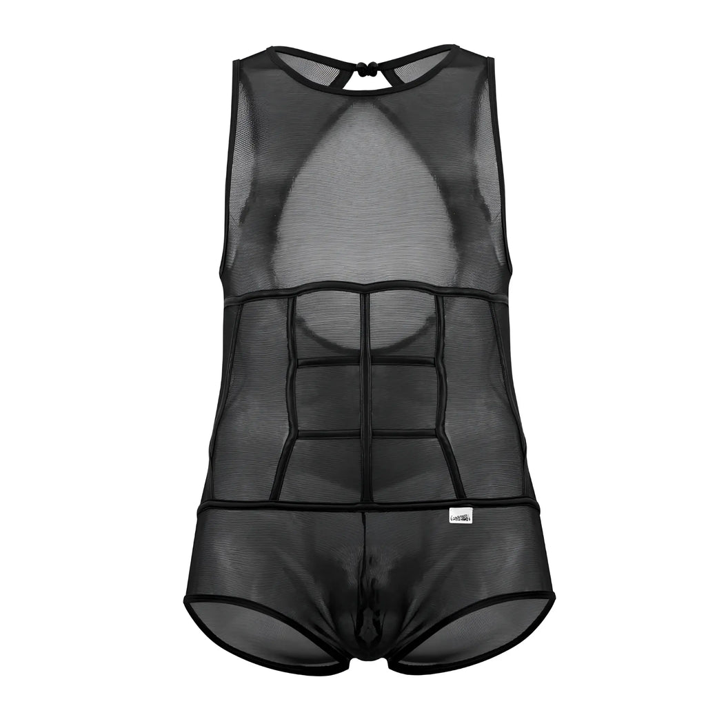 Candyman 99683x black tulle bodysuit for men with defined abdominal mesh design