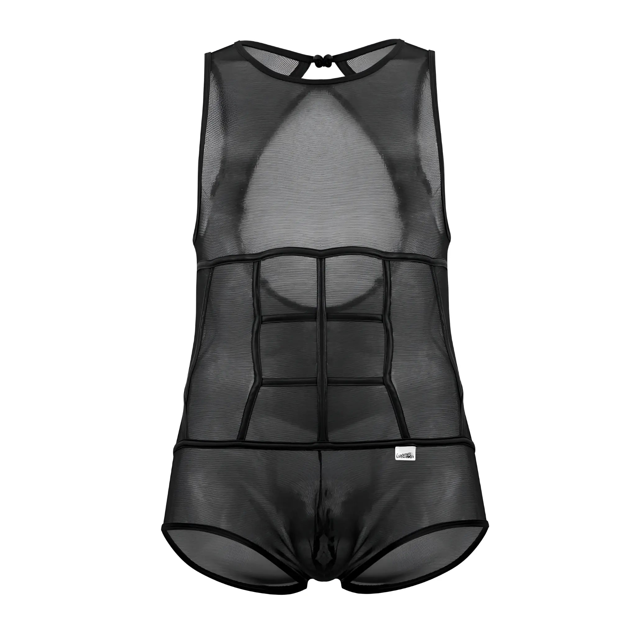 Candyman 99683x black tulle bodysuit for men with defined abdominal mesh design