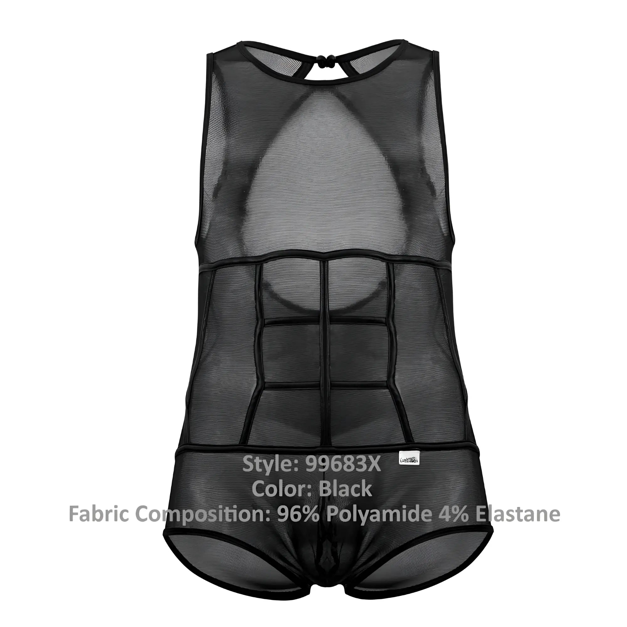 Black mesh mens bodysuit candyman 99683x with structured six-pack abs design in tulle fabric color black