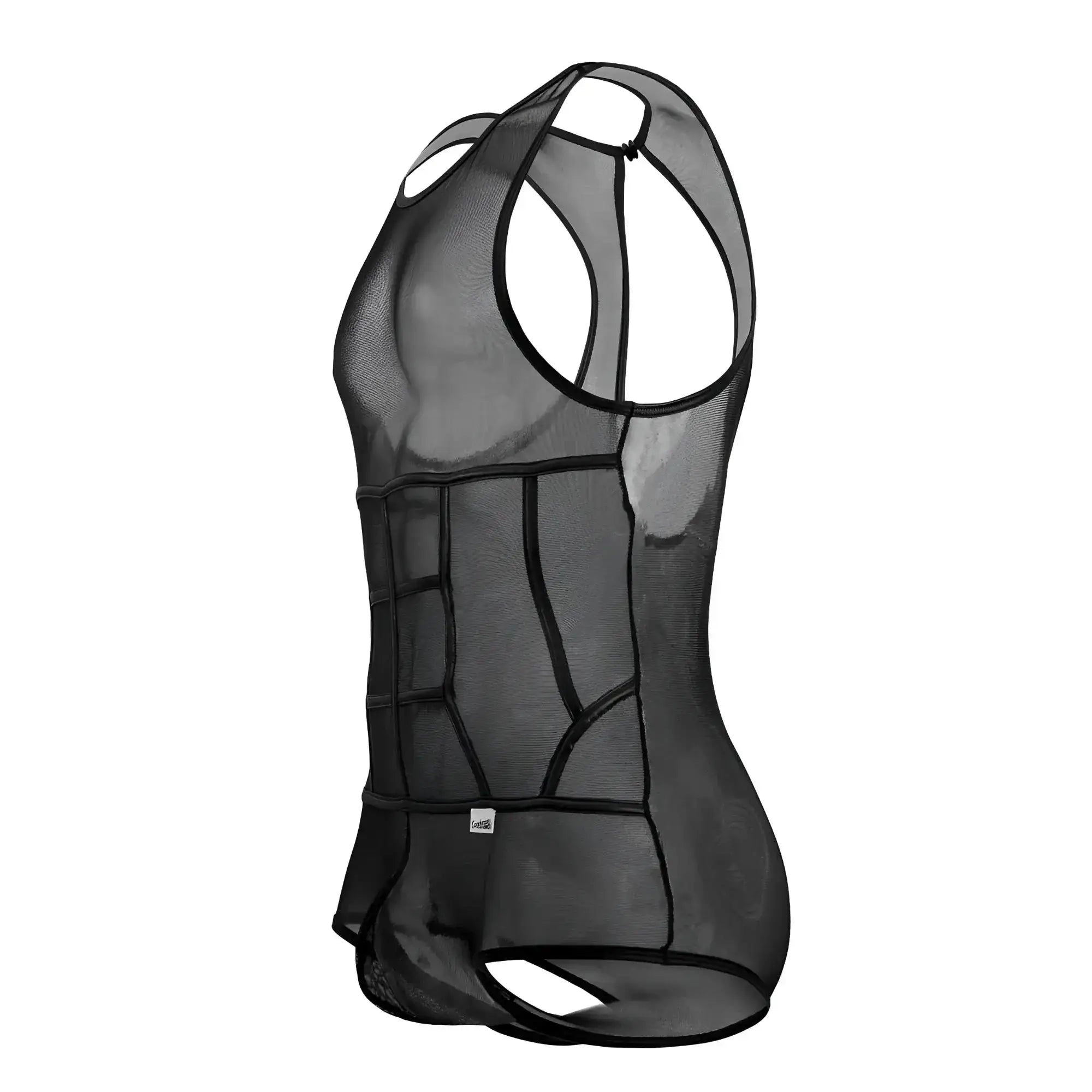 CandyMan 99683X black tulle bodysuit with black mesh tank top featuring reinforced paneling and sleek form-fitting design