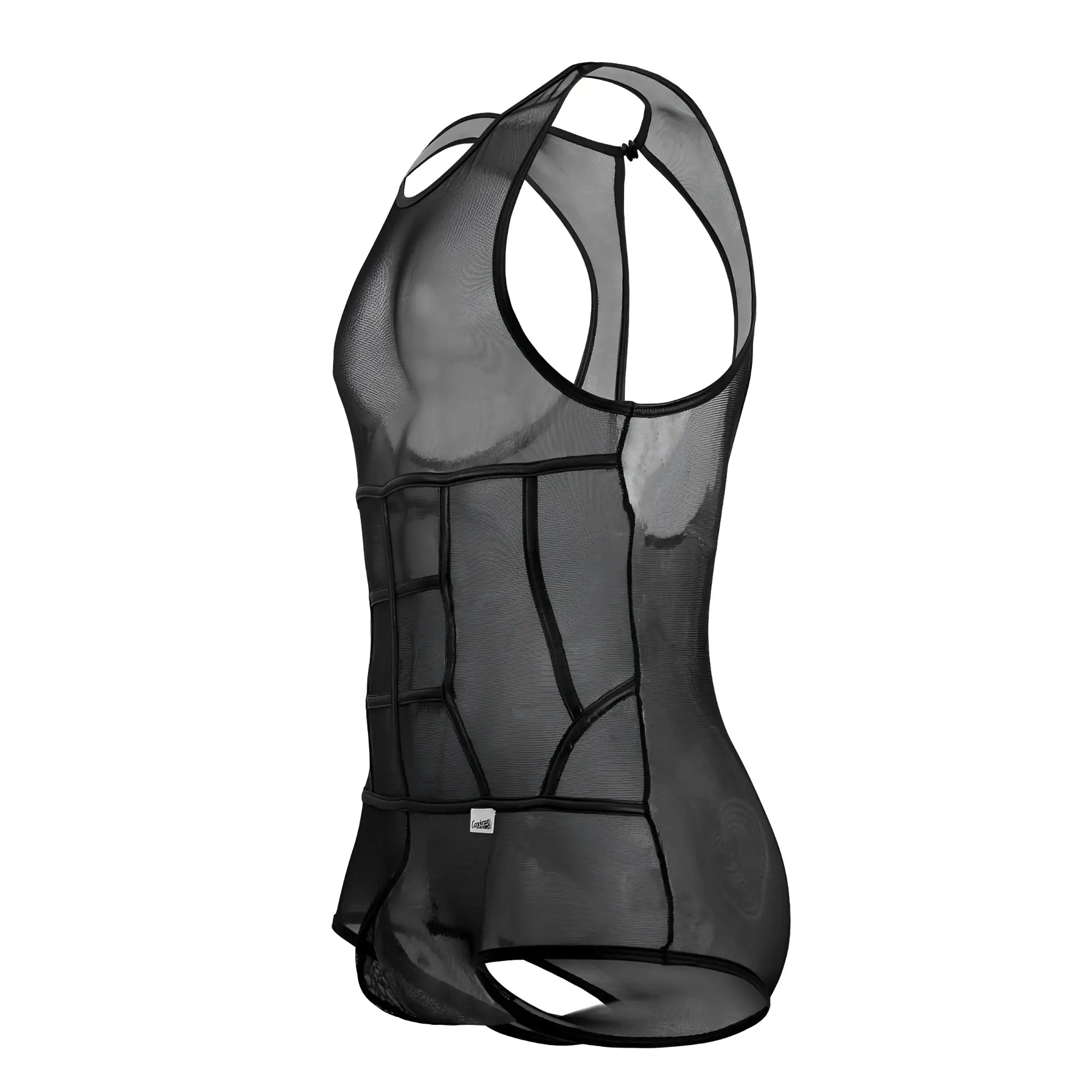 CandyMan 99683X black tulle bodysuit with black mesh tank top featuring reinforced paneling and sleek form-fitting design