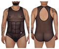 Black candyMan 99683X tulle bodysuit with sheer mesh, black elastic trim, and structured grid design on torso