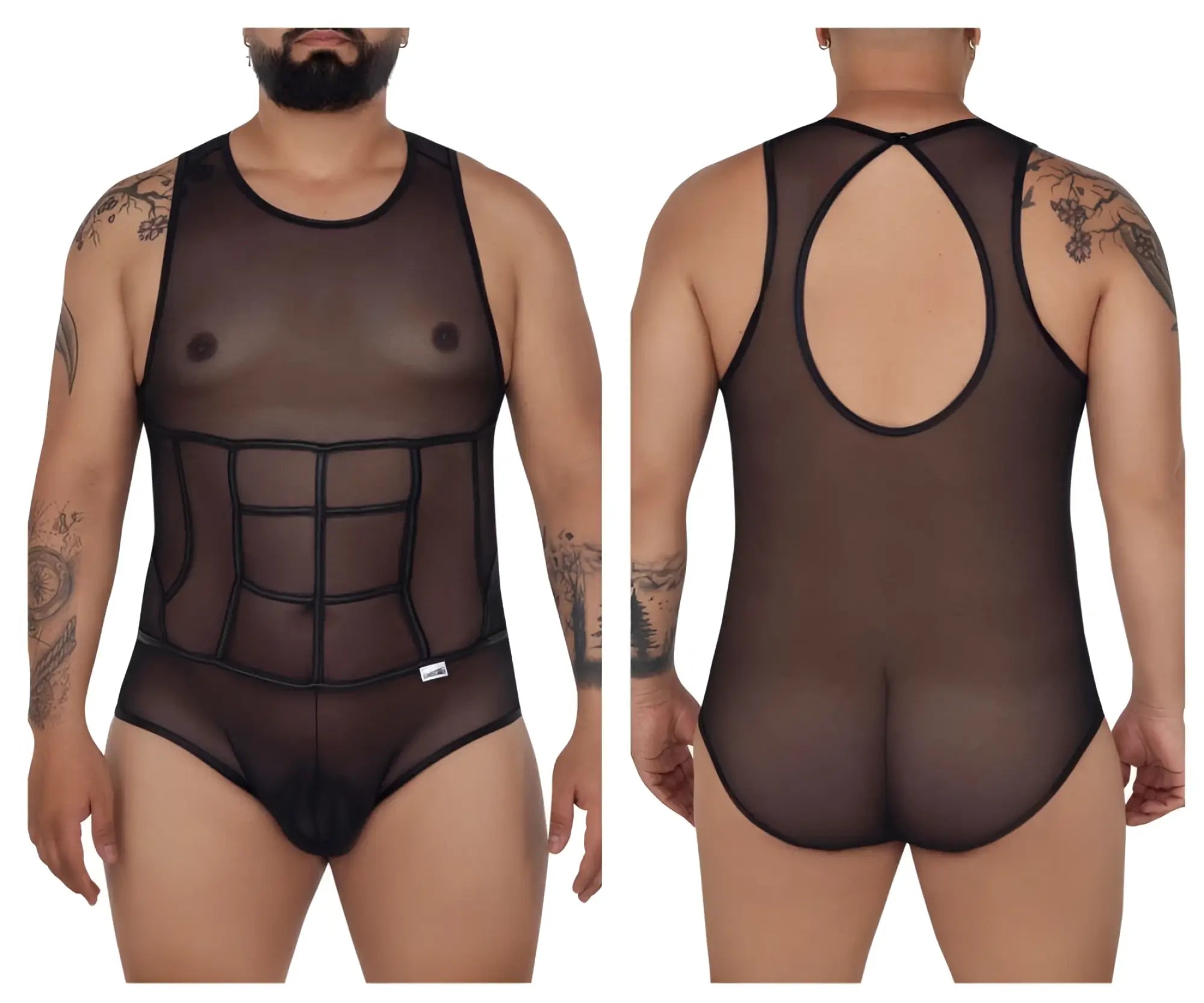 Black candyMan 99683X tulle bodysuit with sheer mesh, black elastic trim, and structured grid design on torso