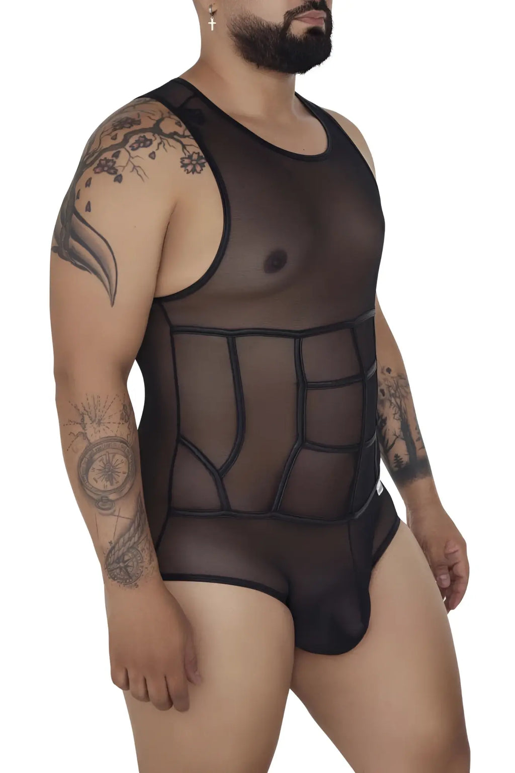 Black sheer mesh CandyMan 99683X tulle bodysuit with geometric panel design in black color