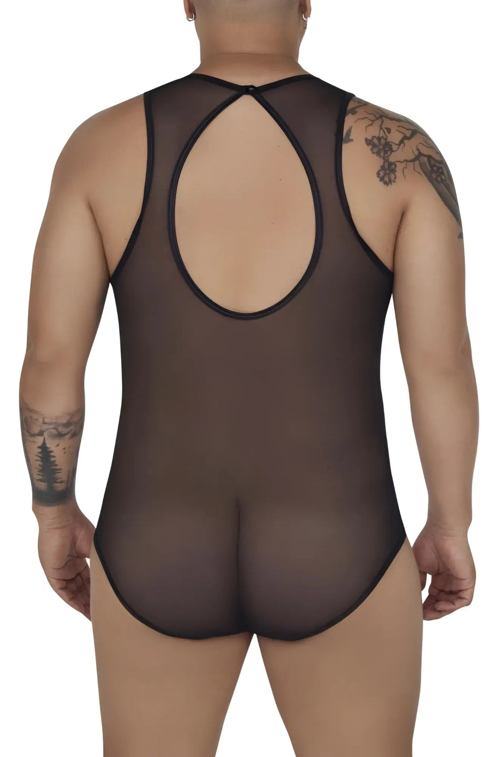 Black sheer mesh one-piece bodysuit by candyman with back cross cutout design color black tulle material