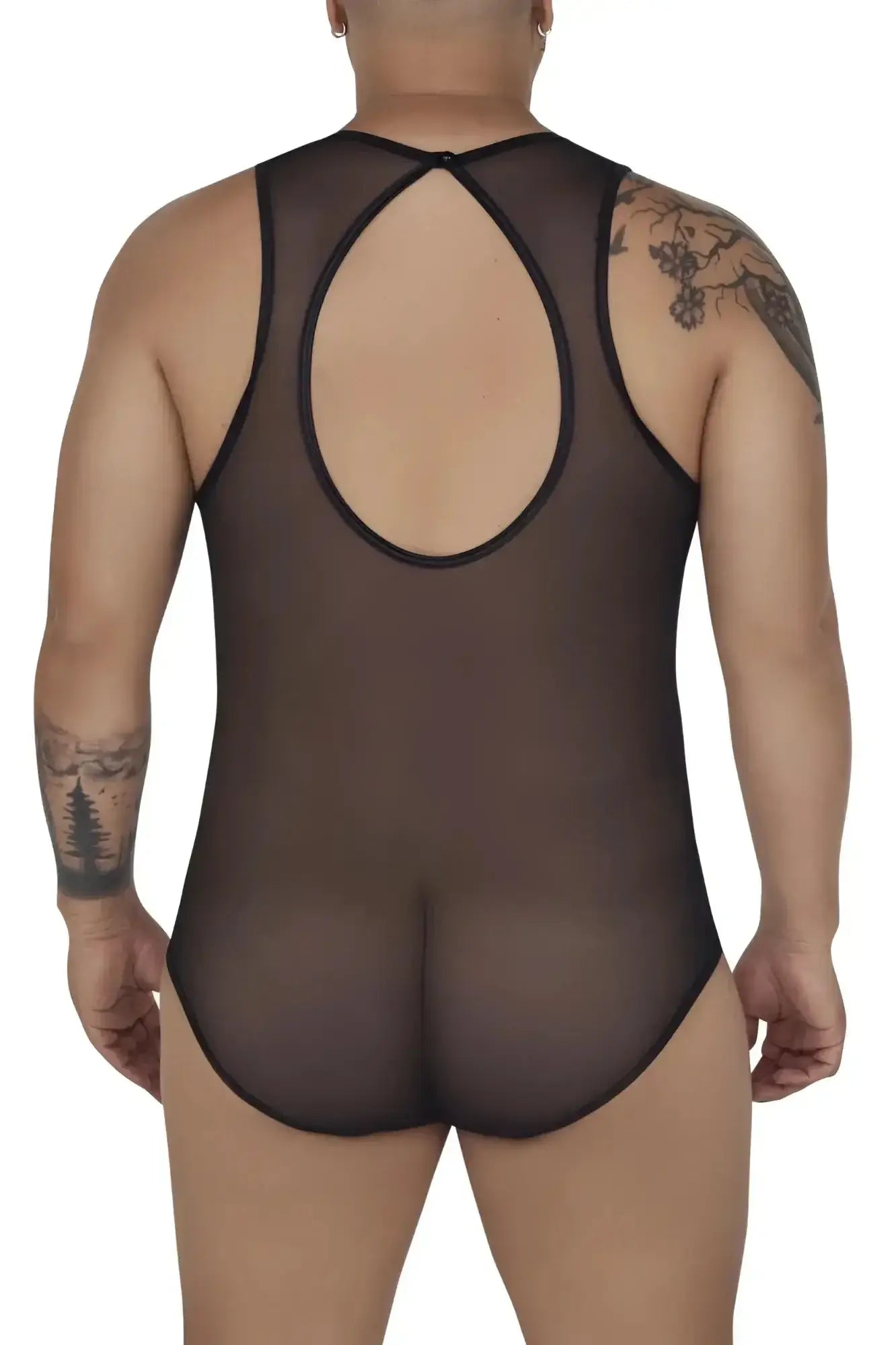 Black sheer mesh one-piece bodysuit by candyman with back cross cutout design color black tulle material