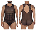 Black candyMan 99683X tulle bodysuit with sheer mesh, black elastic trim, and structured grid design on torso