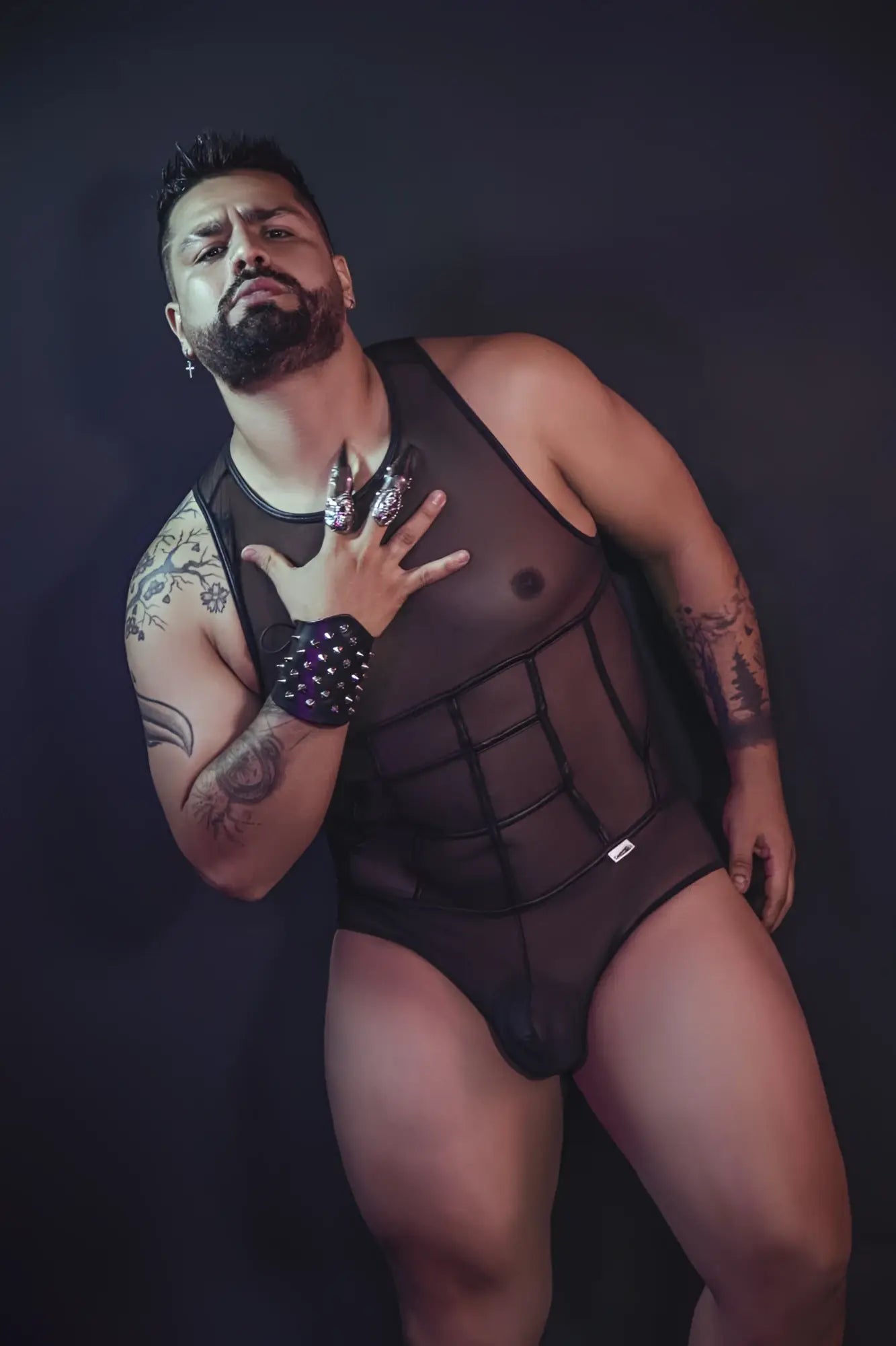 Black sheer mesh tulle bodysuit candyMan 99683X with structured corset design and reinforced seams