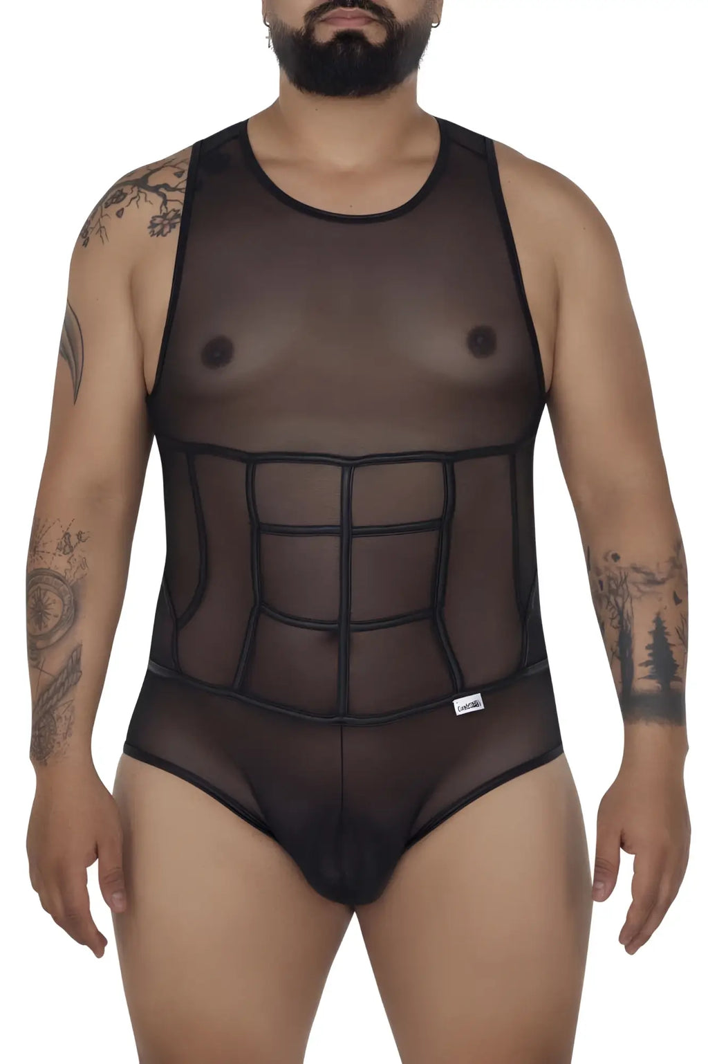Black sheer mesh tulle bodysuit candy man 99683x with structured grid pattern corset design on torso
