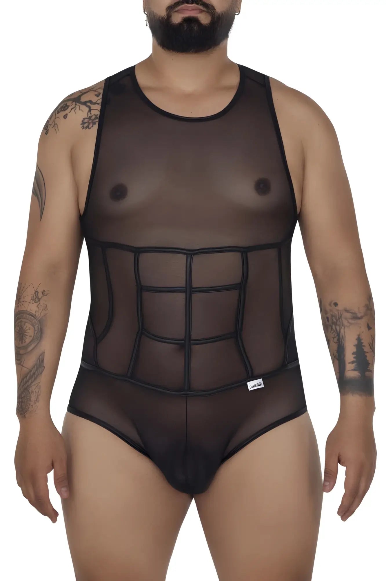 Black sheer mesh tulle bodysuit candy man 99683x with structured grid pattern corset design on torso