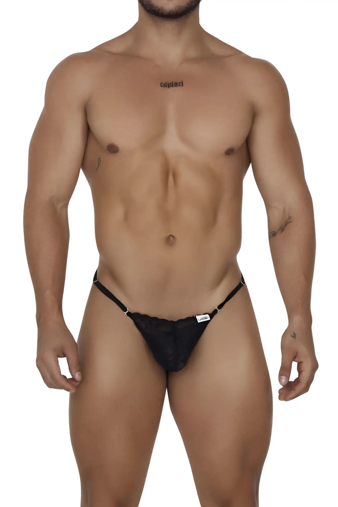Black CandyMan 99685 lace thong with mesh fabric adjustable side straps and small white brand tag