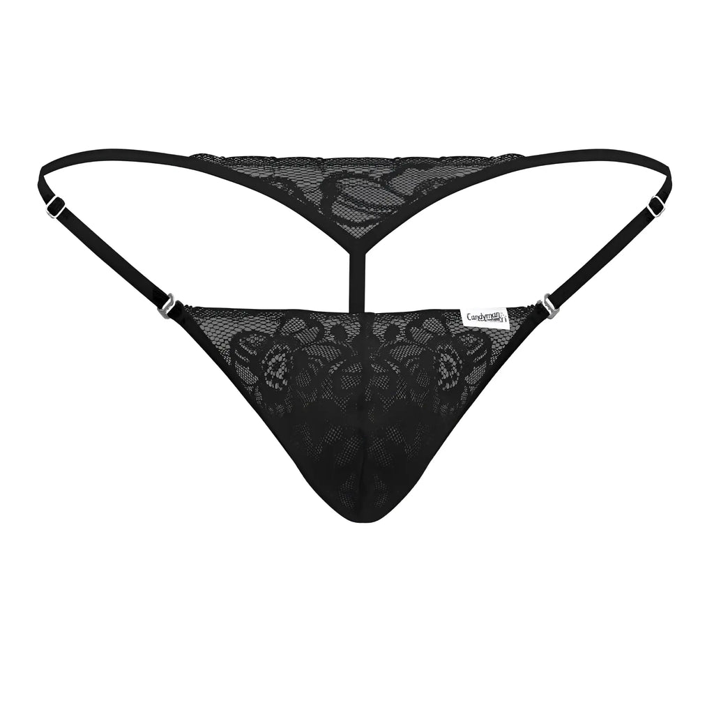 Black lace thong candyMan 99685 with adjustable straps and central t-bar design in black lace material
