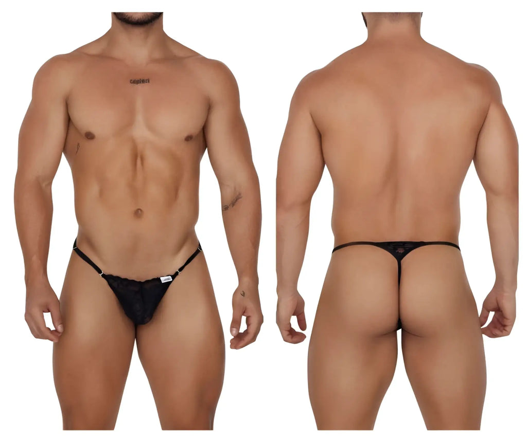 Black lace thong CandyMan 99685 with adjustable straps and a small white label on the front in black color