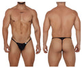 Black lace thong CandyMan 99685 with adjustable straps and a small white label on the front in black color