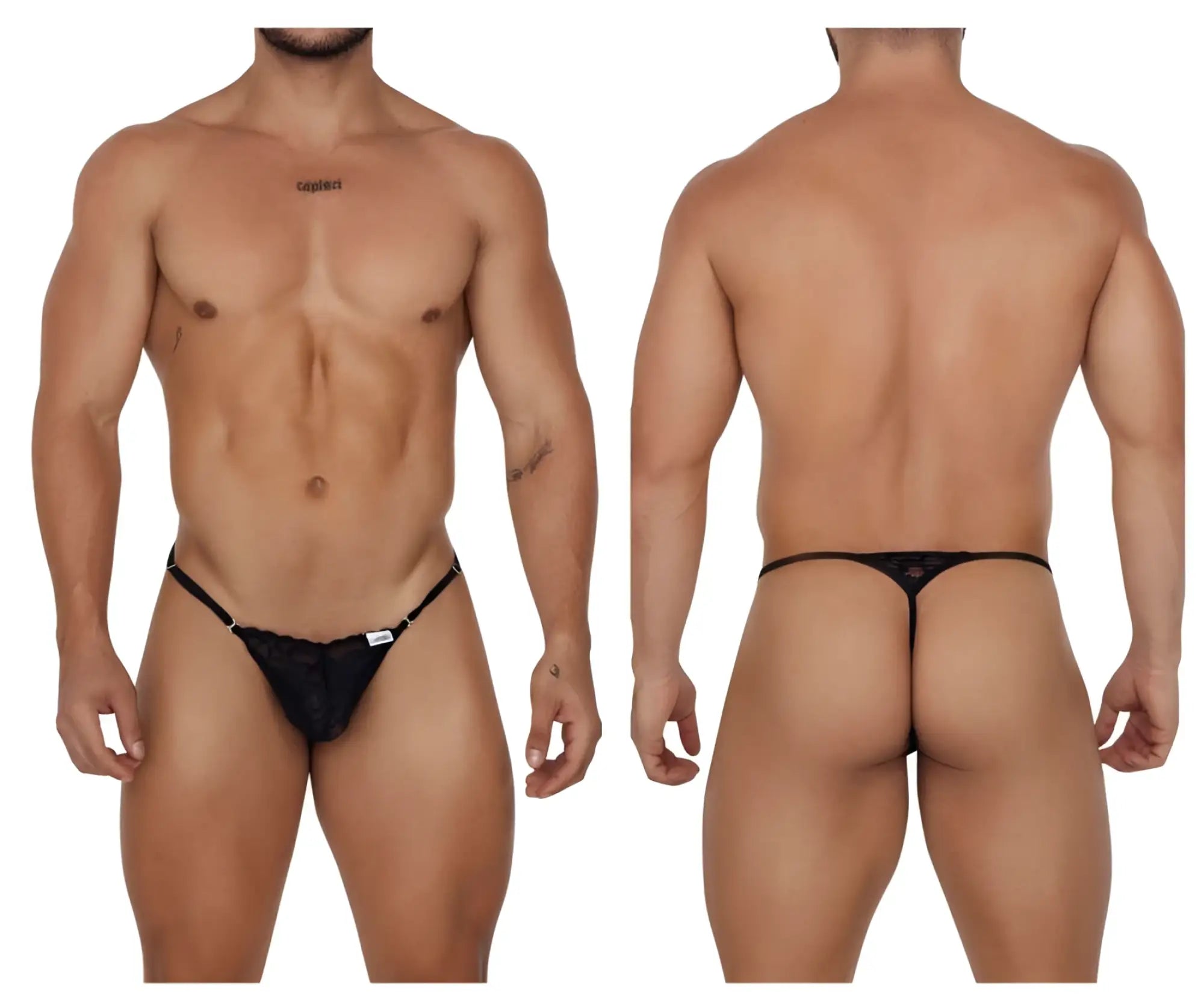Black lace thong CandyMan 99685 with adjustable straps and a small white label on the front in black color