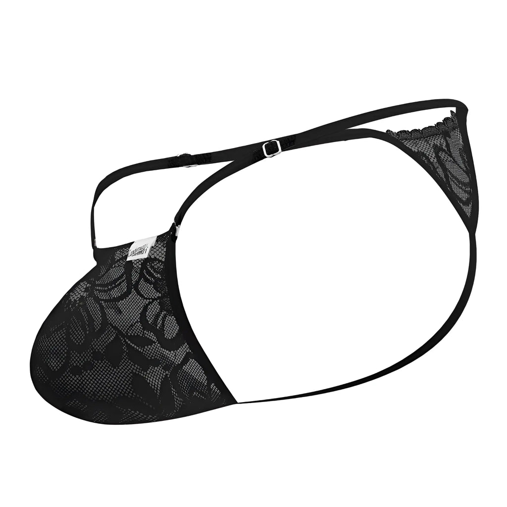 CandyMan 99685 black lace thong with delicate floral patterns and adjustable straps shown from the back side