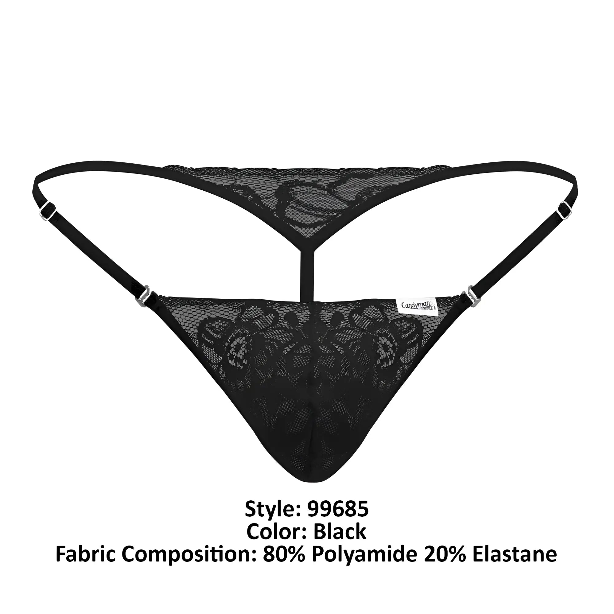 CandyMan 99685 black lace thong with delicate floral patterns and adjustable straps for a comfortable fit