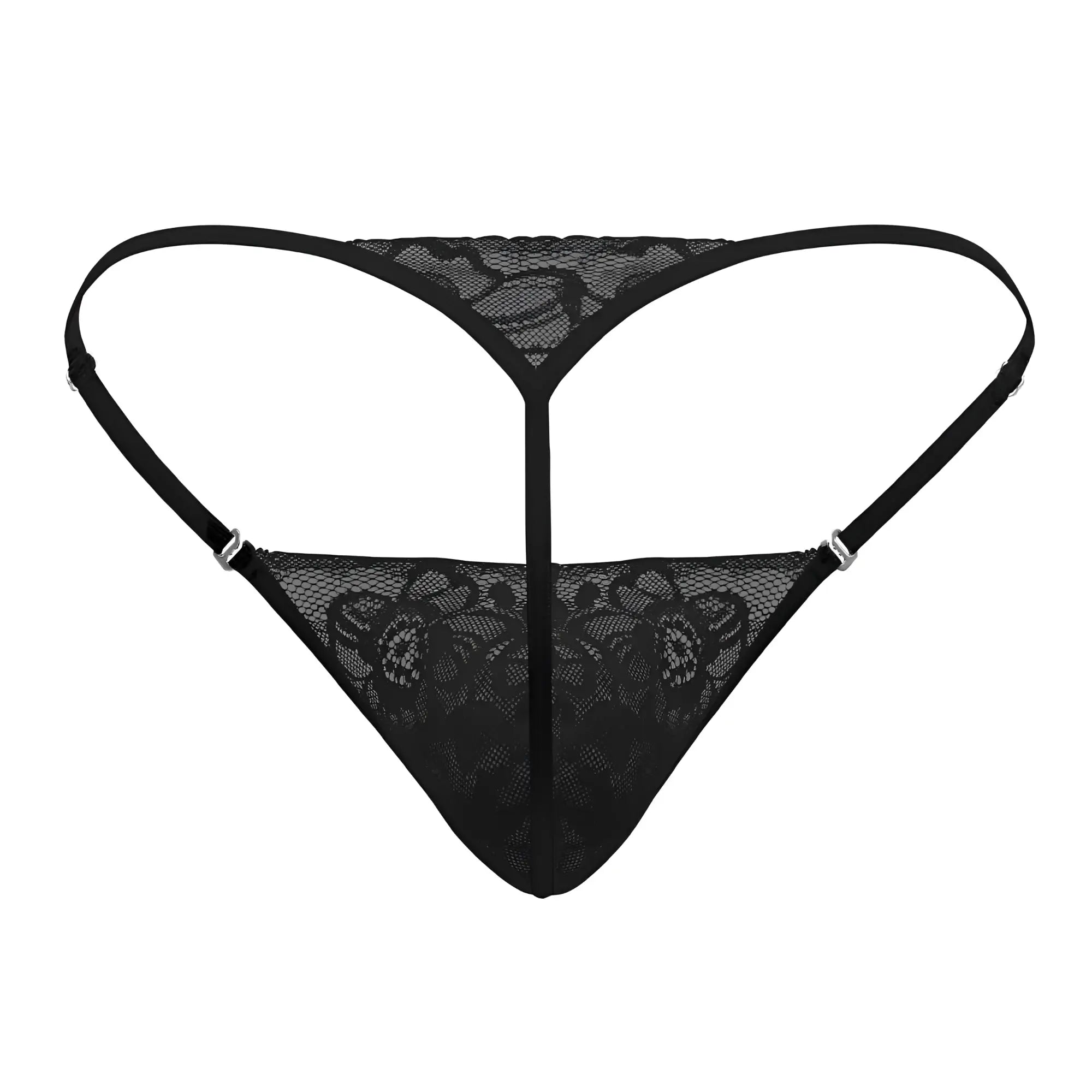 Black lace thong CandyMan 99685 with floral pattern and adjustable straps in black shown from the back side