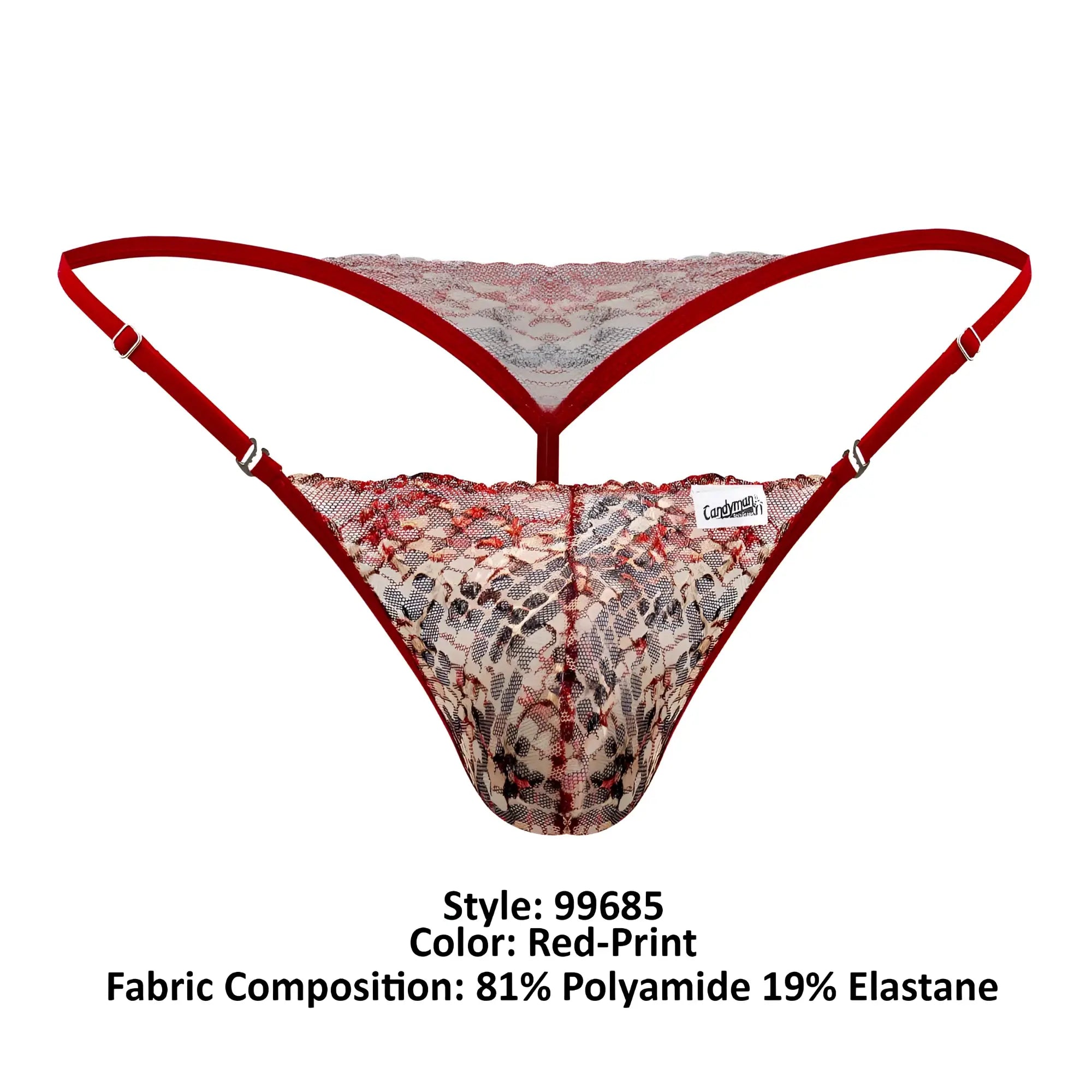Red-print candyMan 99685 lace thong with sheer patterned fabric and thin red straps showing front side