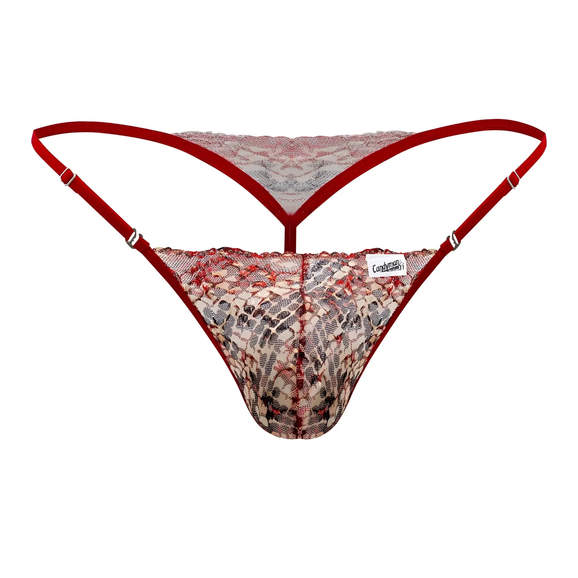 Red lace thong with snakeskin pattern and adjustable straps from candyman 99685 lace thongs color red-print