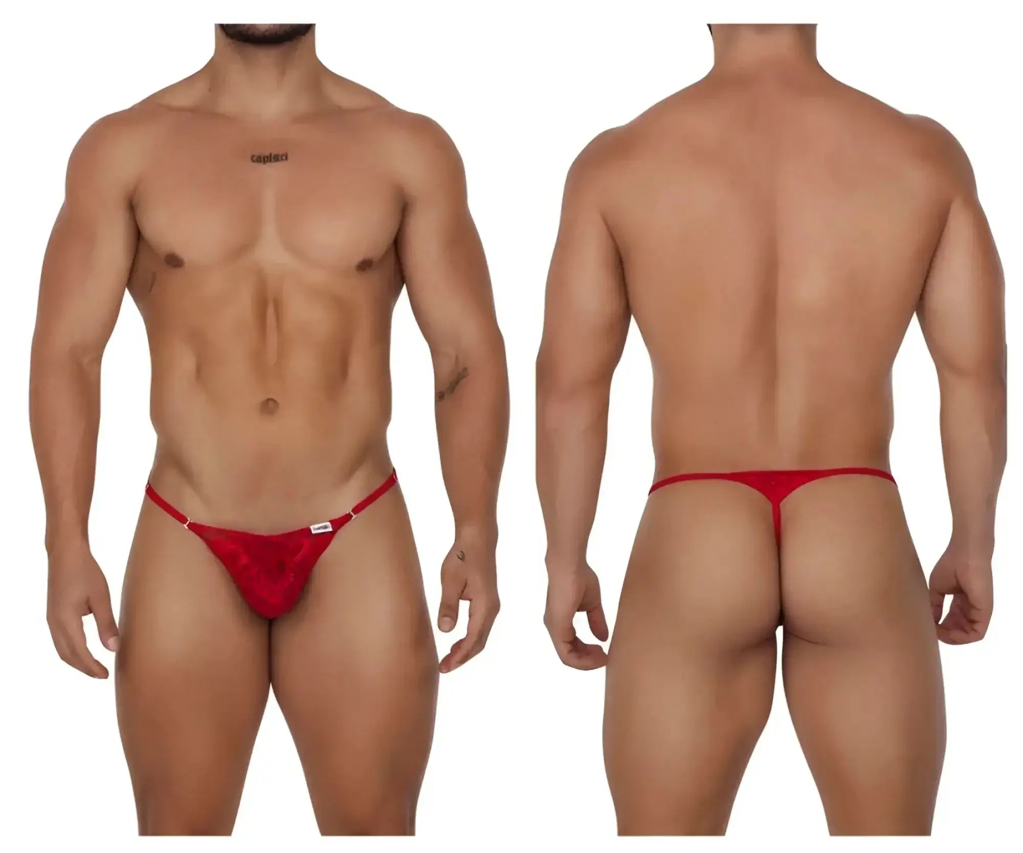 Red candyMan 99685 lace thong featuring delicate lace fabric and a small white brand tag on the side