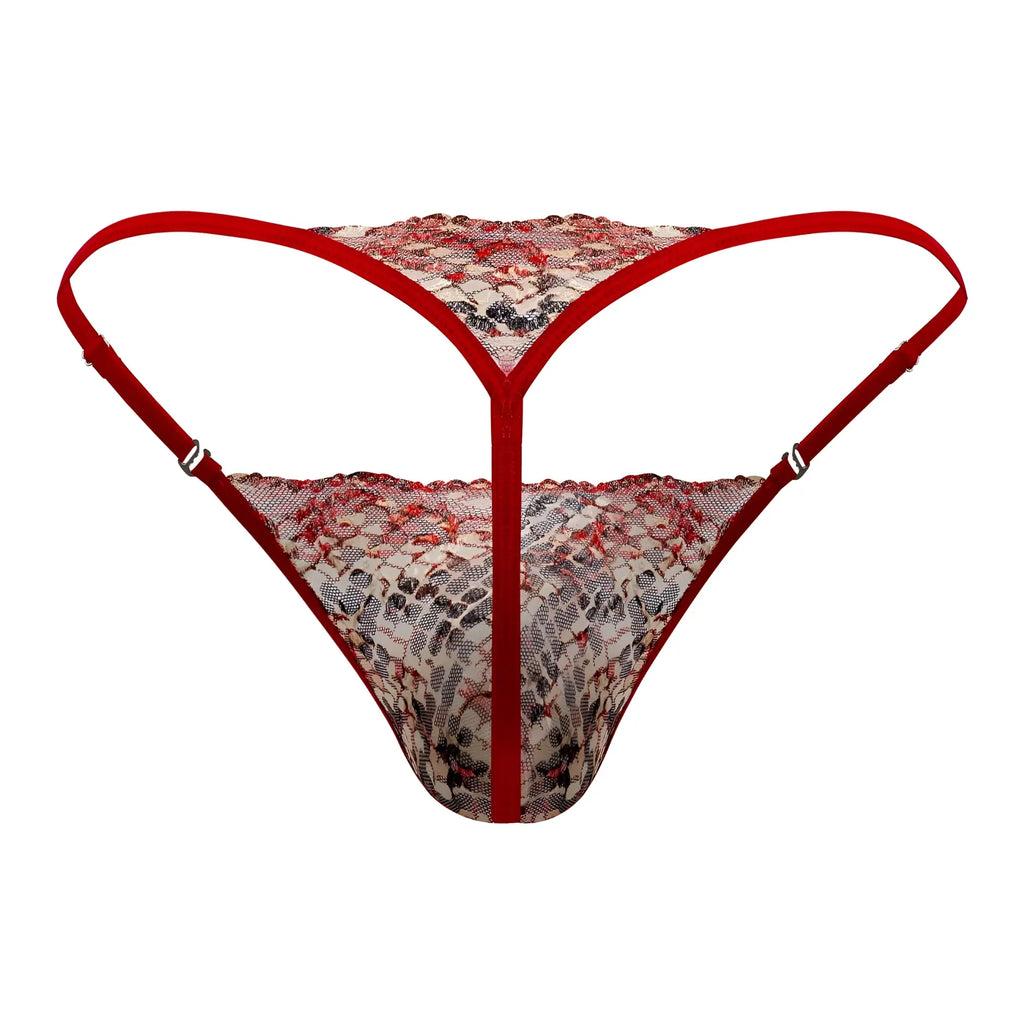 Candyman 99685 red lace thong with floral pattern and thin straps showing front side design