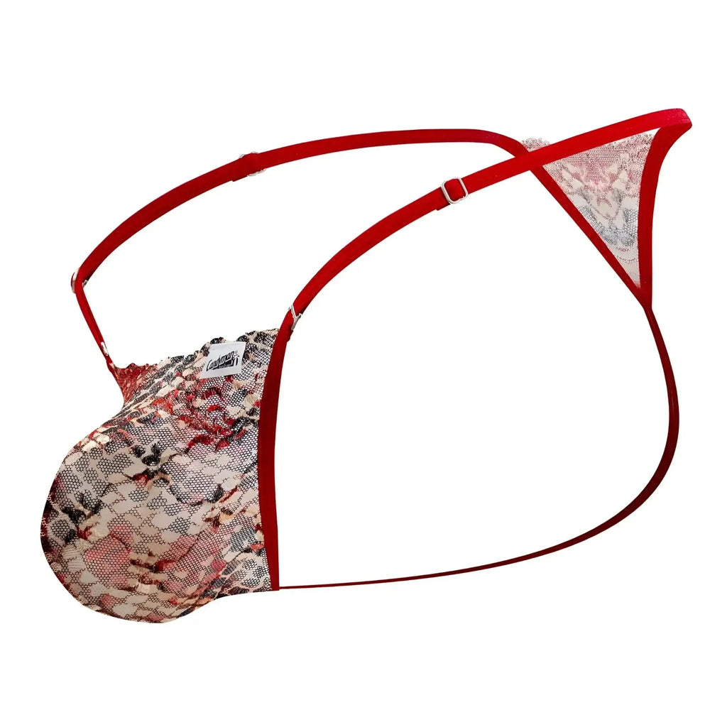 Red lace thong with floral pattern and adjustable straps from candyman in red color